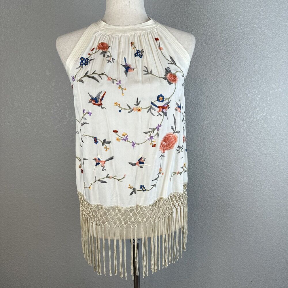 by Anthropologie Gatsby Embroidered Tank Shirt Top Size 2 Floral Birds Fringe